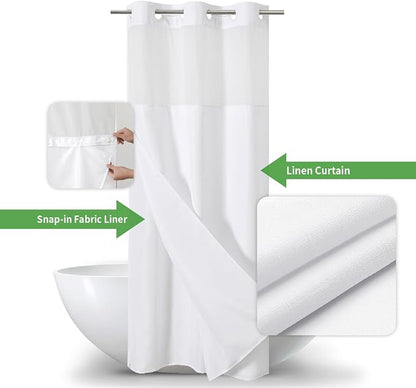 eachope No Hook Linen Texture Shower Curtain with Snap-in Liner,48x74 White | 230GSM Thick Fabric,Hotel Luxury Decor,Mesh Top Window,Waterproof & Machine Washable,for Shower Stall or Bathroom