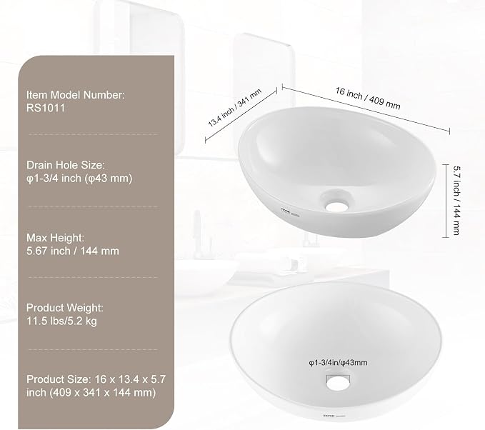 VEVOR Oval Vessel Sink, 16" x 13.4" Bathroom Vessel Sink Bowl Countertop, White Ceramic Bathroom Sinks Above Counter, Bowl Sink with Modern Style, Well-Packaged for Bathroom, Hotel, Toilet, RV