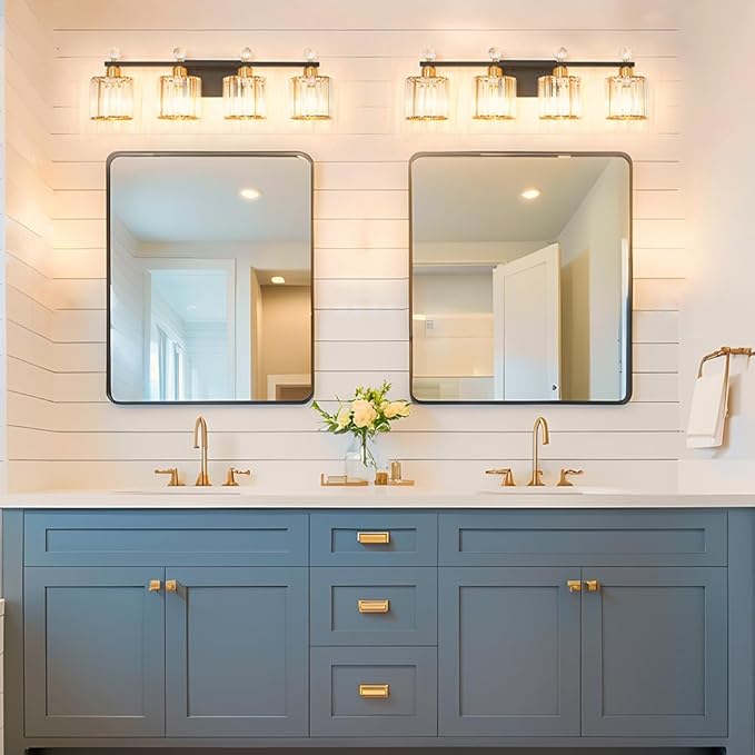 Modern Balck and Gold Crystal Bathroom Vanity Light, 4-Lights Bathroom Light Fixtures, Vanity Light Fixtures Over Mirror, Glass Wall Sconce Light for Bedroom, Kitchen, Living Room, Gallery, E26 Base