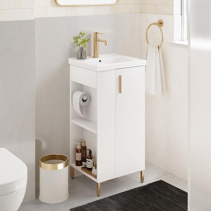 16 Inch White Pre-Assembled Bathroom Vanity Fit for Small Space, Bathroom Vanity with Ceramic Sink,Soft Close Door, Left Side Storage,Compact Modern Design,No Faucet,BV05-16-WHITE-PLUS-0128