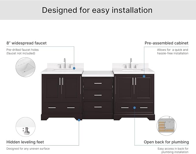 ARIEL Stafford 84-inch Bathroom Vanity with Sink,Solid Wood, 1.5in Carrara White Quartz Countertop, Double Rectangular Porcelain Sink, 4 Soft Closing Doors, 5 Dovetail Drawers, Espresso
