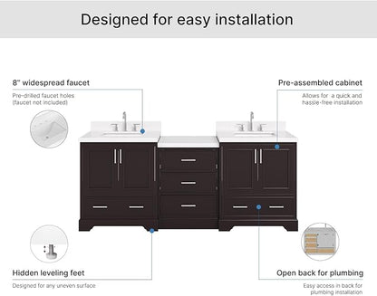 ARIEL Stafford 84-inch Bathroom Vanity with Sink,Solid Wood, 1.5in Carrara White Quartz Countertop, Double Rectangular Porcelain Sink, 4 Soft Closing Doors, 5 Dovetail Drawers, Espresso