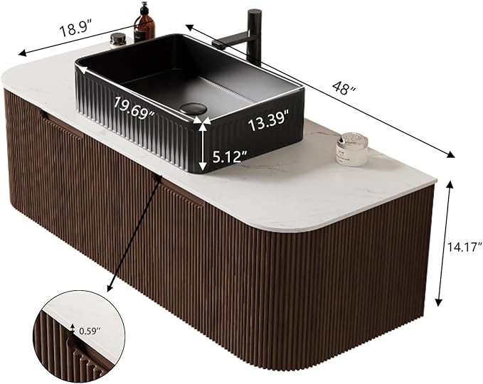 Yayzy 48" Floating Bathroom Vanity with Sink, Solid Wood Fluted Cabinet, Black Fluted Square Ceramic Basin & Faux Marble Top, Soft-Close Drawer, Pre-Assembled, Walnut Woodgrain