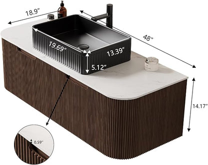 Yayzy 48" Floating Bathroom Vanity with Sink, Solid Wood Fluted Cabinet, Black Fluted Square Ceramic Basin & Faux Marble Top, Soft-Close Drawer, Pre-Assembled, Walnut Woodgrain
