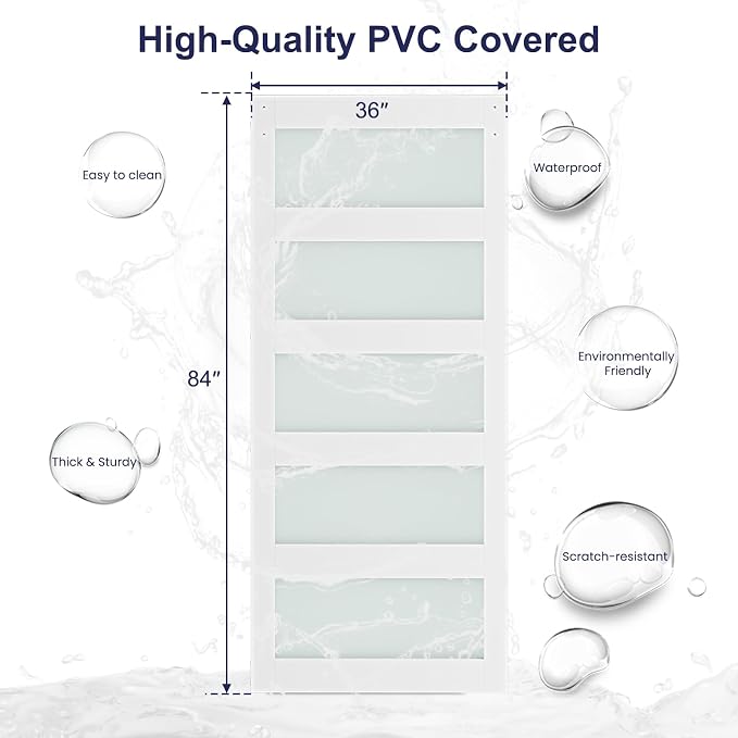 SMARTSTANDARD 36 x 84 in Glass Barn Door with 6.6FT Silver Sliding Hardware | Brushed Nickel Sliding Hardware Kit & Handle, Pre-Drilled Ready to Assemble, Waterproof PVC Coating, White, 5-Panel Glass