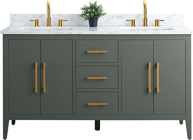 Vanity Art 60 inch Bathroom Vanity with Double Sink & Ceramic Top, Vanity Cabinet with Soft-Closing Doors, Drawers, Solid Wood Frame, Vintage Green, VA9060-DVG-GB1