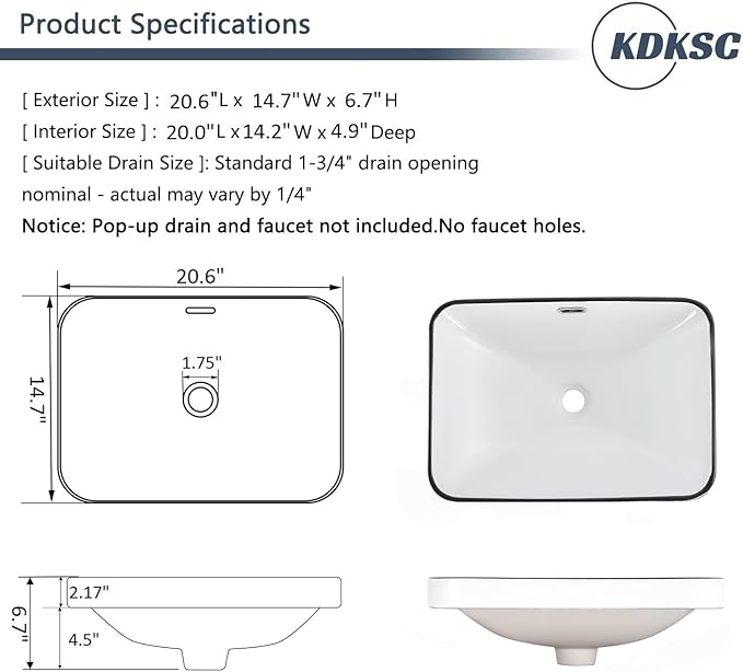 Bathroom Vessel Sink 20.6'' x 14.7'' Semi Recessed Bathroom Sink Rectangular Drop In Sink with Overflow White with Black Trim Ceramic Modern Vessel Sinks for Bathroom
