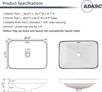 Bathroom Vessel Sink 20.6'' x 14.7'' Semi Recessed Bathroom Sink Rectangular Drop In Sink with Overflow White with Black Trim Ceramic Modern Vessel Sinks for Bathroom