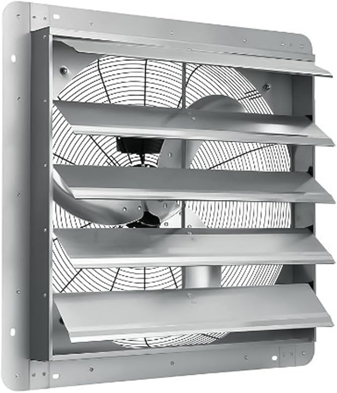 20" Wall-Mounted Shutter Exhaust Fan, 3500 CFM High-Speed Ventilation, 1500 RPM Low-Noise, Aluminum Blades & Automatic Shutter for Attic, Garage, Greenhouse, Workshop & Louvered Vent Applications