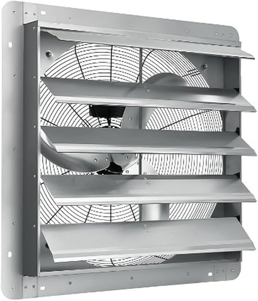 20" Wall-Mounted Shutter Exhaust Fan, 3500 CFM High-Speed Ventilation, 1500 RPM Low-Noise, Aluminum Blades & Automatic Shutter for Attic, Garage, Greenhouse, Workshop & Louvered Vent Applications