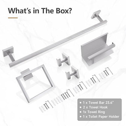 TQKAG 5-Pieces Brushed Nickel Bathroom Hardware Accessories Set 23.6" SUS304 Stainless Steel Towel Bar Set Wall Mounted Square Toilet Paper Holder with Shelf