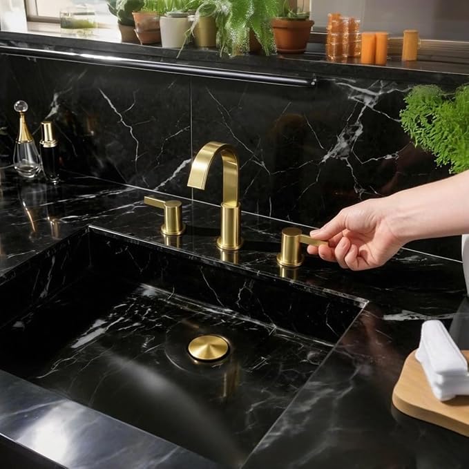 TRUSTMI 8 Inch Widespread Brushed Gold Bathroom Faucet 3 Hole 2 Handle Brass Vanity Sink Faucet with 360 Degree Swivel Spout, Overflow Drain and cUPC Waterlines