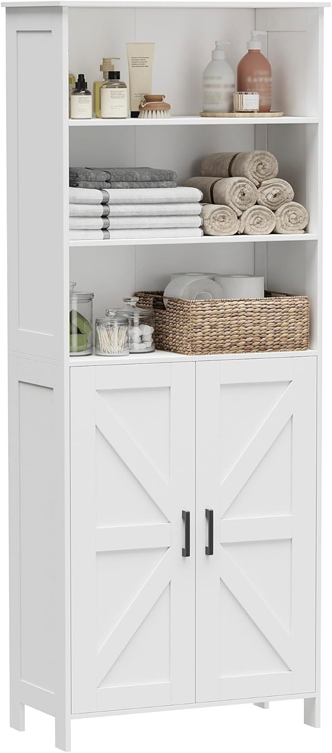 Homhedy 67" Tall Bathroom Storage Cabinet, Freestanding Farmhouse Cabinet with 2 Doors and Shelves, Bathroom Organizers and Storage for Kitchen, Living Room, Laundry Room, White