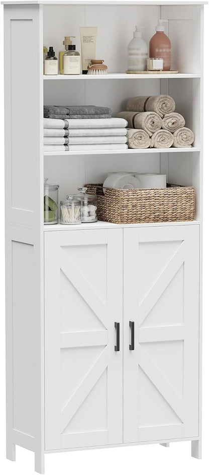 Homhedy 67" Tall Bathroom Storage Cabinet, Freestanding Farmhouse Cabinet with 2 Doors and Shelves, Bathroom Organizers and Storage for Kitchen, Living Room, Laundry Room, White