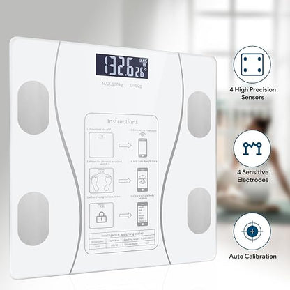 Smart Body Fat Scale with Led Display - Digital Bathroom Scale with Bluetooth, Accurate Body Composition Measurement, Muscle Mass, BMI, and Body Water Analysis (White)