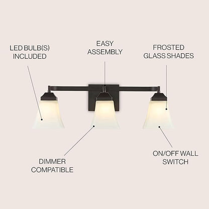 JONATHAN Y 24" Oil Rubbed Bronze Modern Cottage LED Vanity Light Wall Sconce, Farmhouse Wall Lamp for Bathroom Mirror Kitchen, White Glass Shade, LED Bulb Included (JYL7524A)