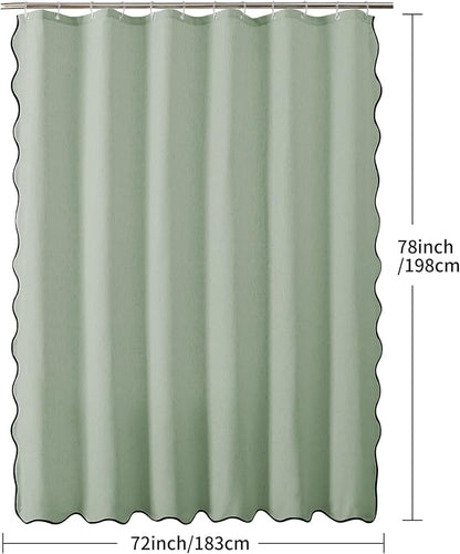Linen Scallop Shower Curtain with 12 Hooks, Waterproof, 72x78, Sage Green | Heavy Duty Waterproof Fabric with Black Border, Cute Modern Farmhouse Bathroom Décor