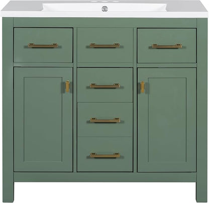 36 Inch Green Bathroon Vanity with Sink,Modern Bathroom Sink Cabinet 36" with 4 Drawers & 2 Cabinets,Integrated Countertop,Gold Handles,Soft Closing,Solid Wood Frame