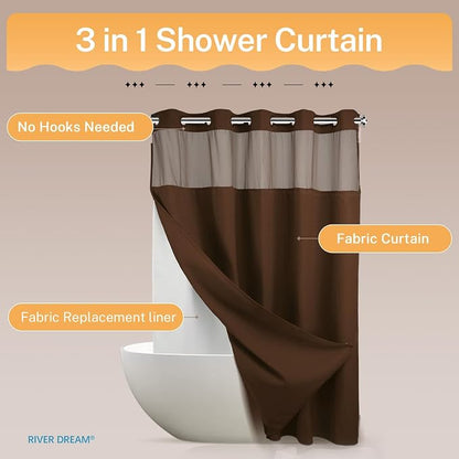 RiverDream Heavyweight Waffle No Hook Shower Curtain with Liner,Brown,71x74 | Dotted Waffle,Snap-in Liner,Heavy Duty,Quick Dry,Mesh Top Window,With Bottom Magnets,Hotel-Grade,Washable,Standard Size