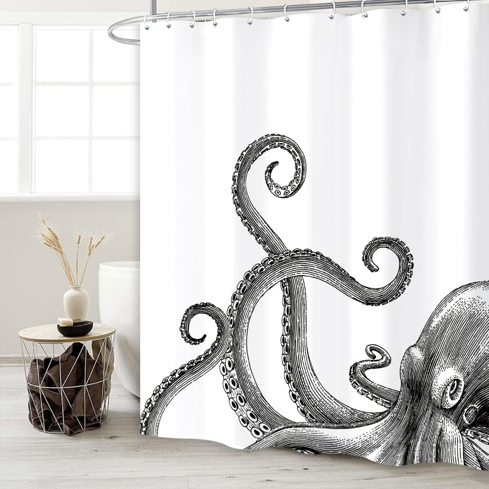 Miyotaa Octopus Kraken Shower Curtain Set 60Wx71H Inches Nautical Ocean Tentacles Sea Creatures Mythical Black White Polyester Waterproof Bathroom Curtain with 12 Hooks
