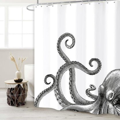 Miyotaa Octopus Kraken Shower Curtain Set 60Wx71H Inches Nautical Ocean Tentacles Sea Creatures Mythical Black White Polyester Waterproof Bathroom Curtain with 12 Hooks