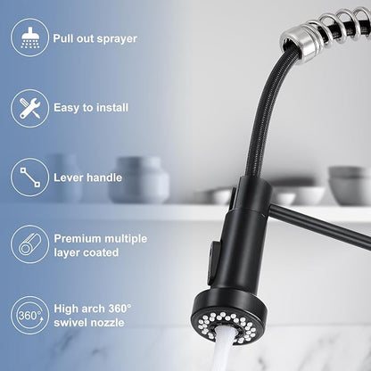 DJS Kitchen Faucets with Pull Down Sprayer Matte Black & Brushed Nickel High Arc Single Handle 1 or 3 Holes Spring Kitchen Sink Faucet with Deck Plate for Farmhouse RV Vessel Basin