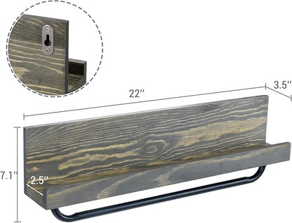 MyGift Bathroom Shelf with Towel Bar 22 Inch, Bath Towel Holder Rack Hanger, Wall Mounted Bathroom Display Storage Shelf, Vintage Weathered Gray Solid Wood with Industrial Metal Pipe
