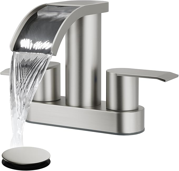 gotonovo 4 Inch Centerset Waterfall Bathroom Sink Faucet Deck Mount 2 Handle Basin Faucets 2 or 3 Hole with Pop Up Drain Included Lavatory Modern Mixer Tap Vanity Faucet Brushed Nickel
