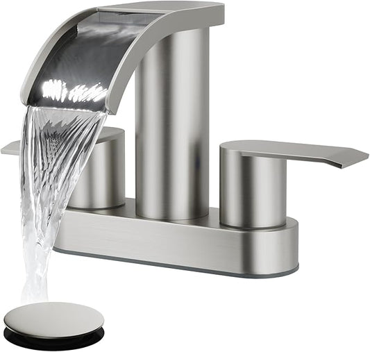 gotonovo 4 Inch Centerset Waterfall Bathroom Sink Faucet Deck Mount 2 Handle Basin Faucets 2 or 3 Hole with Pop Up Drain Included Lavatory Modern Mixer Tap Vanity Faucet Brushed Nickel