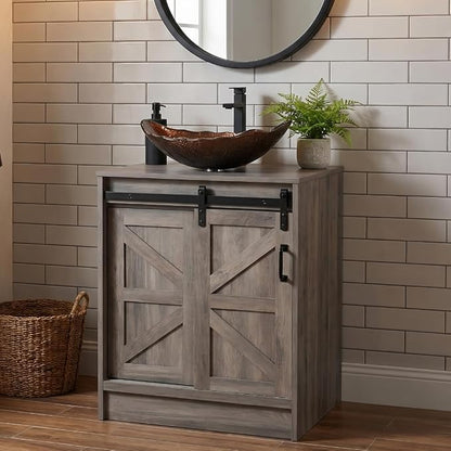 24" Farmhouse Bathroom Vanity with Sink, Bathroom Storage Cabinet with Sliding Barn Doors & Metal Handle, Freestanding Vanity with Tempered Brown Leaf Glass Vessel Sink Combo Set