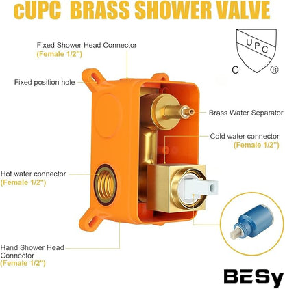 12 Inch Rainfall Shower System Rain Shower Head Combo Shower Faucet Fixture | Shower Head and Handle Set Wall Mounted Shower Mixer Kit Valve Gold