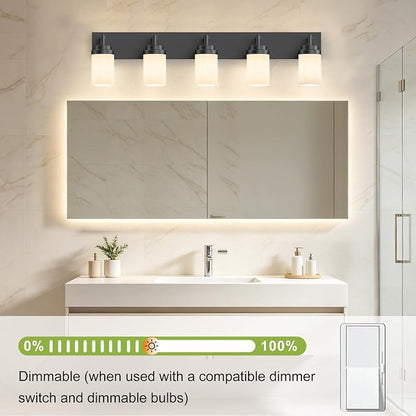 Bathroom Light Fixtures, Matte Black Bathroom Lighting Fixtures Over Mirror, Modern Vanity Light with White Glass Shade, Restroom Lighting Fixtures, 5-Light 36-inch