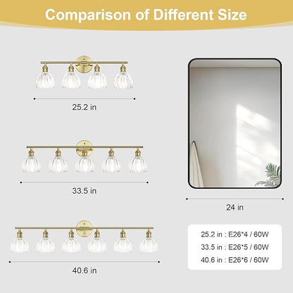 Vintage Bathroom Light Fixtures,6-Light Hardwired Vanity Lights with Clear Tulip Glass Shade,Gold Bathroom Vanity Light for Mirror Restroom,E26 Socket,40.55 in(Bulbs Not Included)