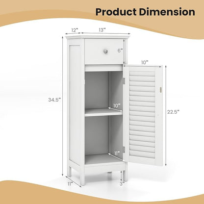 GIANTEX Bathroom Floor Storage Cabinet with Door and Drawer, White | Freestanding Side Cabinet with 3-Height Adjustable Shelf, Slim Cupboard, Storage Organizer Cabinet for Bedroom Living Room