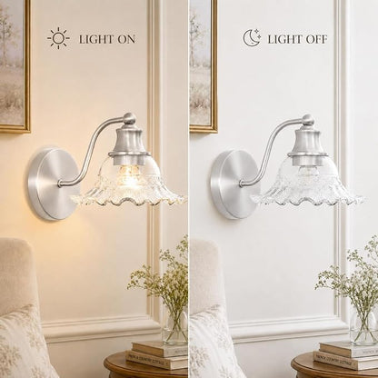Brushed Nickel Bathroom Wall Sconce Vintage Style, E26 Easy Mounted | Vanity Light with Flower Glass Shade, Bathroom Wall Lighting Fixture Beside Mirror, Easy Mounted for Bedroom, Hallway