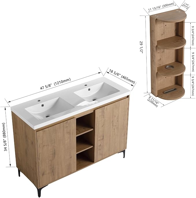 Freestanding Bathroom Vanity, 48" Bathroom Storage Cabinet with Double Resin Sinks, 2 Soft-Close Doors & 3 Open Storage Shelves, Floor Vanity with Extra Three-Layer Spacious Shelves, Oak