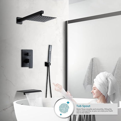 Matte Black Shower Faucet Set with Tub Spout 10 Inch | 2 Hooks, Tub and Shower Faucet Combo, Rain Shower and Handheld Shower System Square Wall Mount for Bathroom