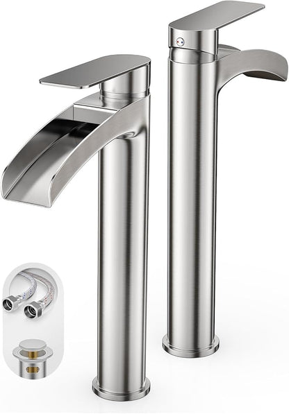 Phiestina Brushed Nickel Tall Bathroom Vessel Sink Faucet 2 Pack, Single Hole Single Handle Waterfall Above Countertop Sink Bathroom Faucet, with Pop Up Drain and Water Supply Line, NS-SF01-V-BN-2pack