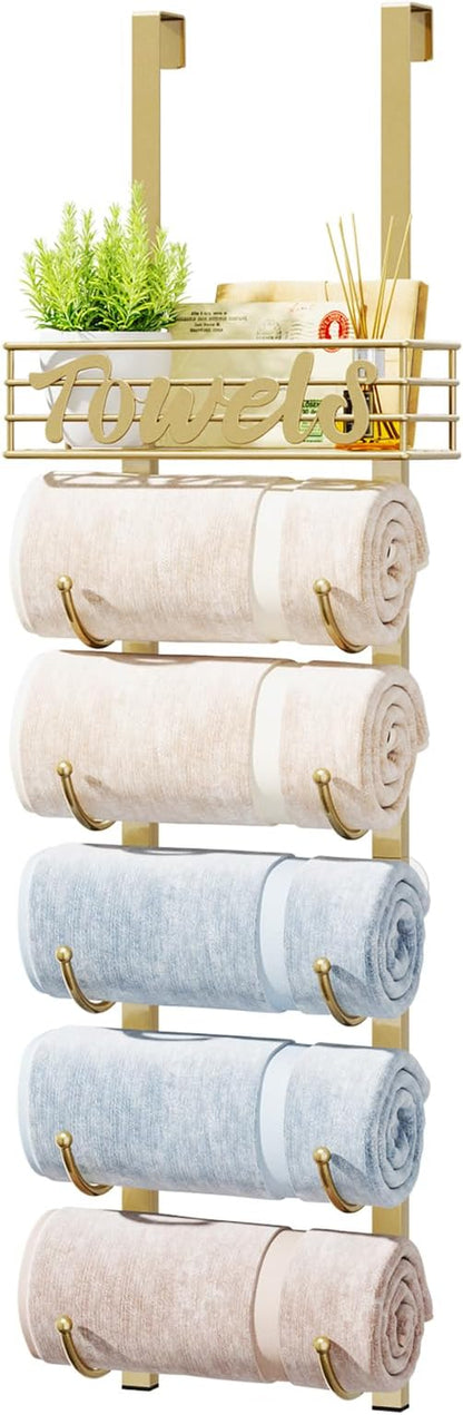 HapiRm Towel Racks for Bathroom Storage - 6 Tier Over The Door & Wall Mount Rolled Towel Storage Organizer Holder with Metal Shelf Basket for Small Bathroom, Camper, Rv - Gold, Patented