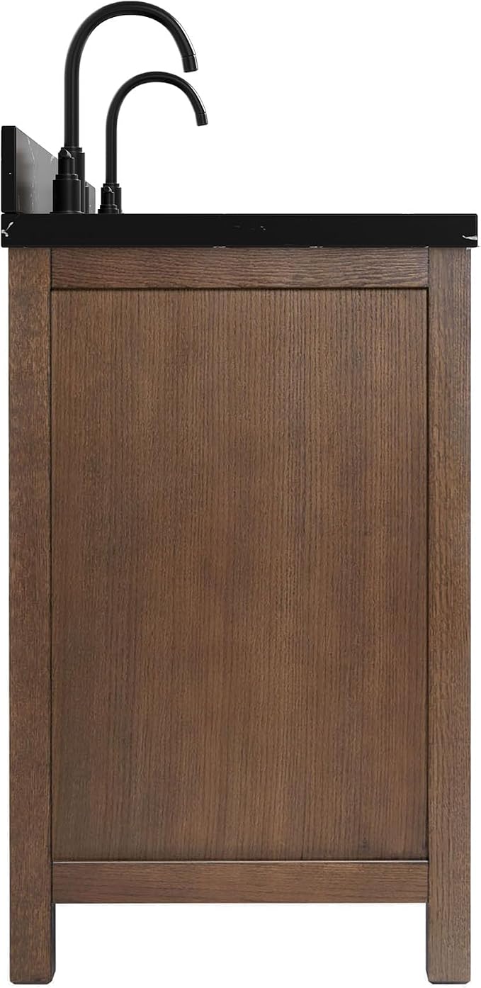 ARIEL Cambridge 60 Inch Double Rectangle Sink Bathroom Vanity with Nero Marquina Black Quartz Countertop 1.5 Inch in Brown Oak