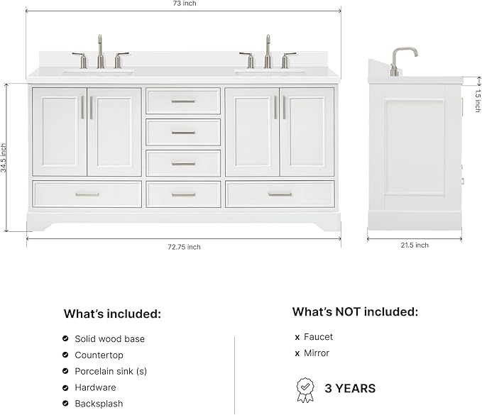 ARIEL Stafford 72-inch Bathroom Vanity with Sink,Solid Wood, 1.5-inch Pure White Quartz Countertop & Backsplash, Double Rectangular Porcelain Sink, 4 Soft Closing Doors, 6 Dovetail Drawers, White
