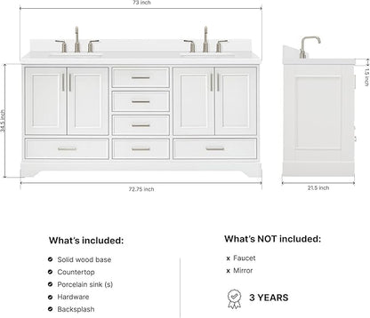 ARIEL Stafford 72-inch Bathroom Vanity with Sink,Solid Wood, 1.5-inch Pure White Quartz Countertop & Backsplash, Double Rectangular Porcelain Sink, 4 Soft Closing Doors, 6 Dovetail Drawers, White