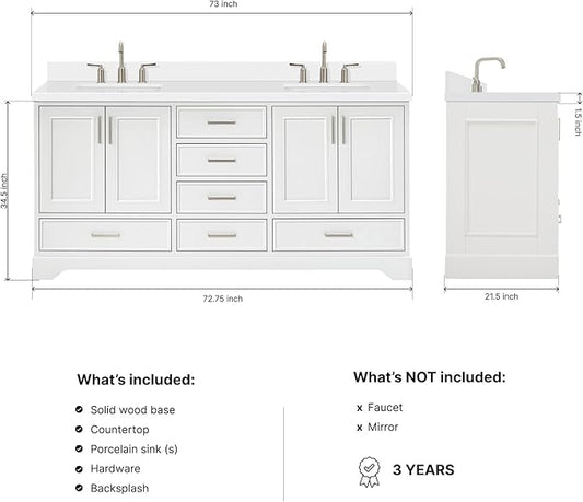 ARIEL Stafford 72-inch Bathroom Vanity with Sink,Solid Wood, 1.5-inch Pure White Quartz Countertop & Backsplash, Double Rectangular Porcelain Sink, 4 Soft Closing Doors, 6 Dovetail Drawers, White