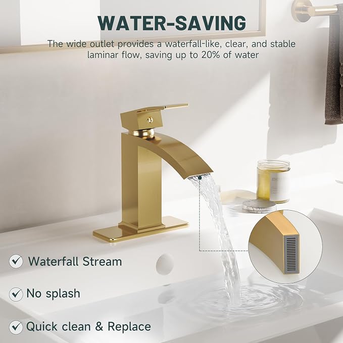Brushed Gold Waterfall Bathroom Faucet for 1 or 3 Holes, Brass | Single Handle Bathroom Sink Faucets for Lavatory Commercial Vanity, Basin Taps with Deck Plate, Pop Up Drain and Supply Line