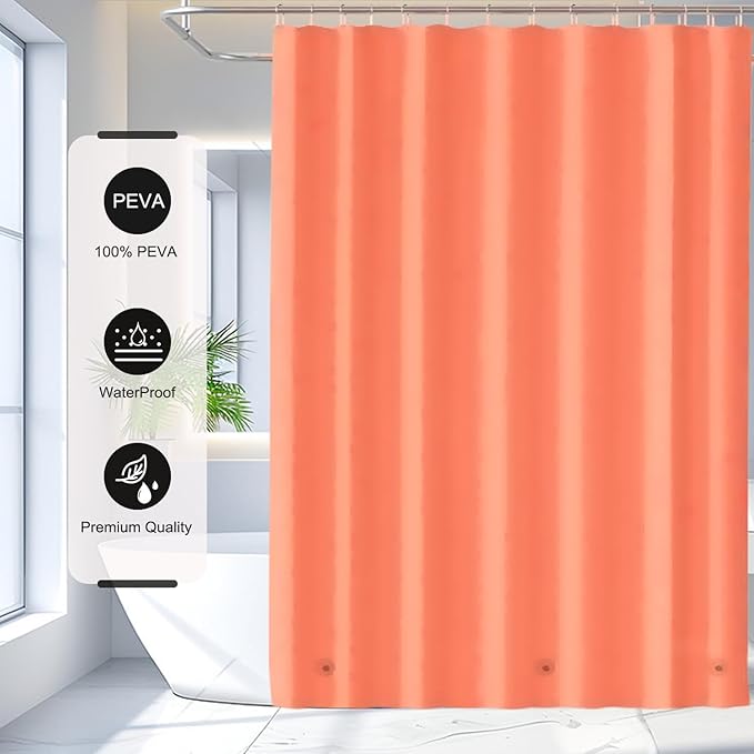 Orange Shower Curtain Liner, 4G PEVA Shower Liner, Plastic Peva Waterproof Shower Curtains, 72x72 inch with Grommet Holes 3 Magnetic Weights
