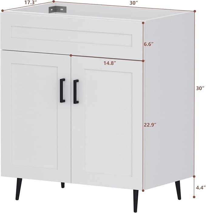30 Inch Bathroom Vanity, Freestanding Wooden Bathroom Vanity with 2 Doors and Metal Legs, Bathroom Cabinet Vanity Without Ceramic Sink (White Without Sink, 30")