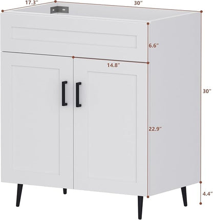 30 Inch Bathroom Vanity, Freestanding Wooden Bathroom Vanity with 2 Doors and Metal Legs, Bathroom Cabinet Vanity Without Ceramic Sink (White Without Sink, 30")