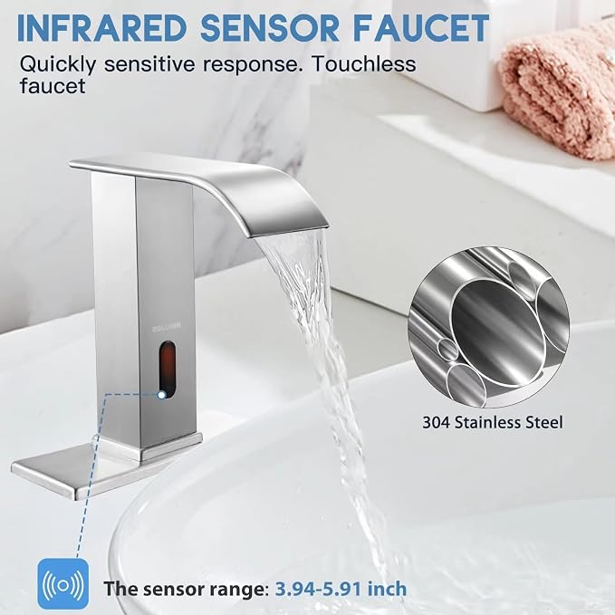Touchless Bathroom Faucet Automatic Bathroom Sink Faucet with Sensor, Control Box and Temperature Mixer and Hole Cover Plate, Brushed Nickel