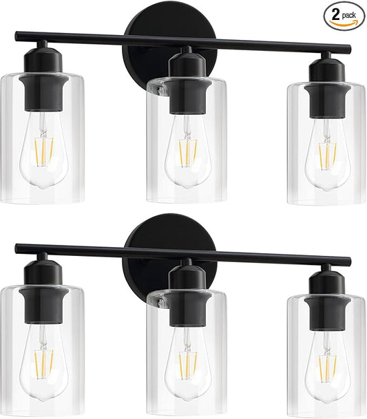 3-Light Matte Black Vanity Lights, Modern Bathroom Light Fixtures Over Mirror With Clear Glass Shade, Wall Sconce Lighting for Hallway - 2Pack
