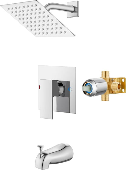 Airuida 6 Inch Shower Faucet Set,Bathtub Faucet Kit,Chrome Polish | Shower Tub Faucet Set,Male Threads Rough-In Valve,Square Head Shower System